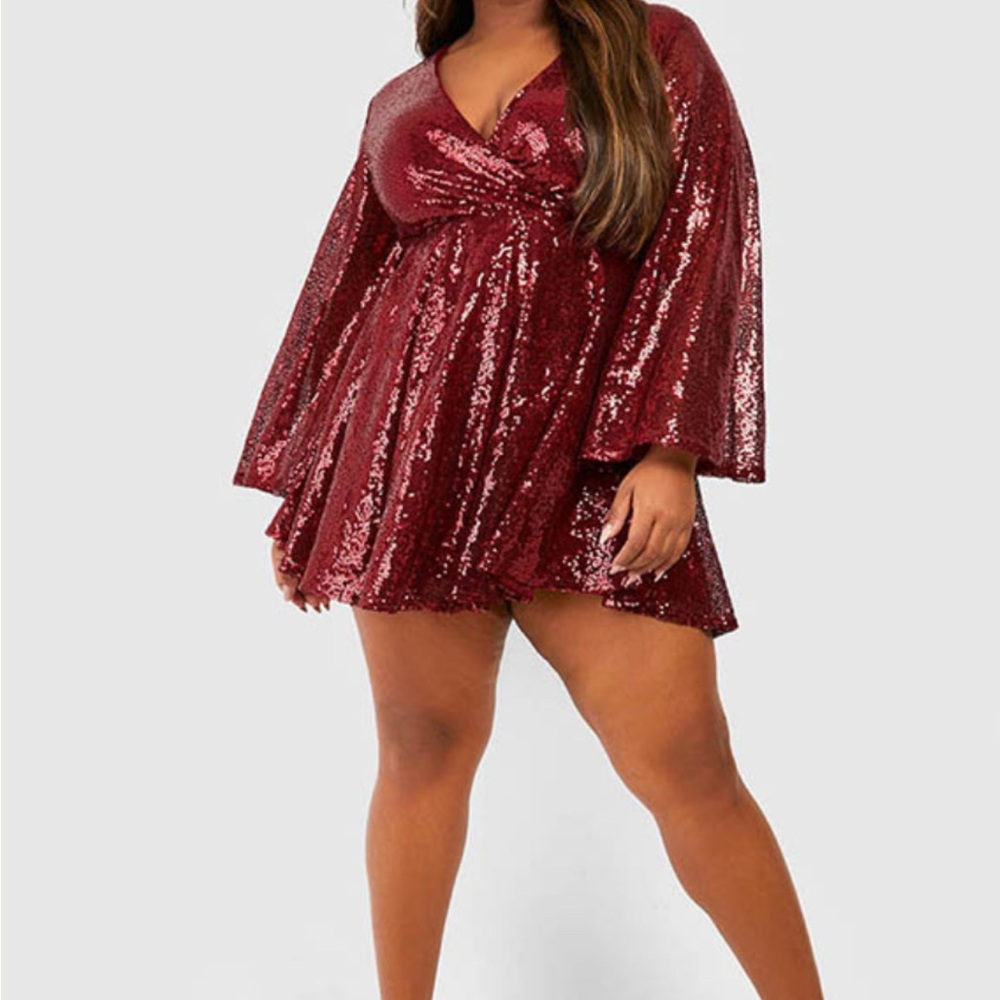 Boohoo Plus NWT Sequin Burgundy Skater Dress